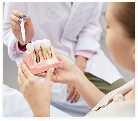 Dentist showing a model of a dental implant to a patient